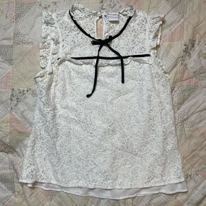 ny&co white lace overlay high neck sleeveless blouse black ribbon medium